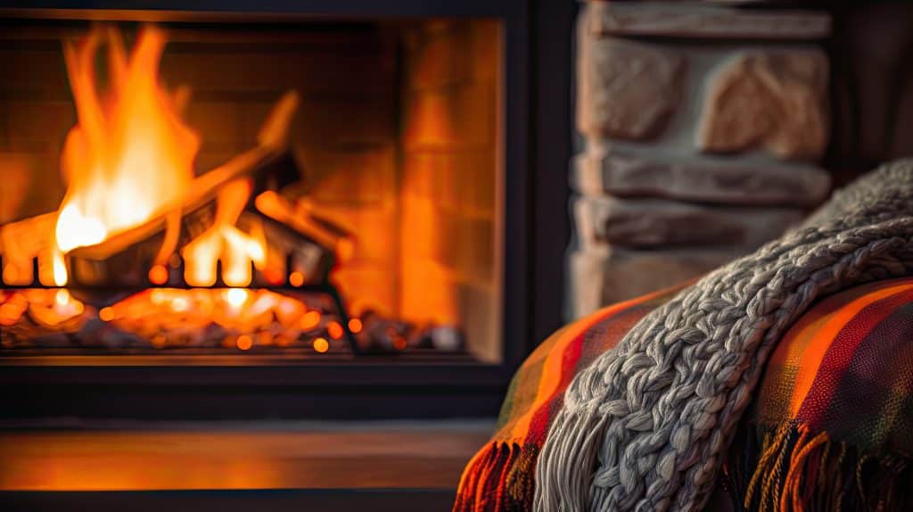 Salon avec couverture en laine dans un salon confortable avec cheminée. Journée d'hiver confortable.