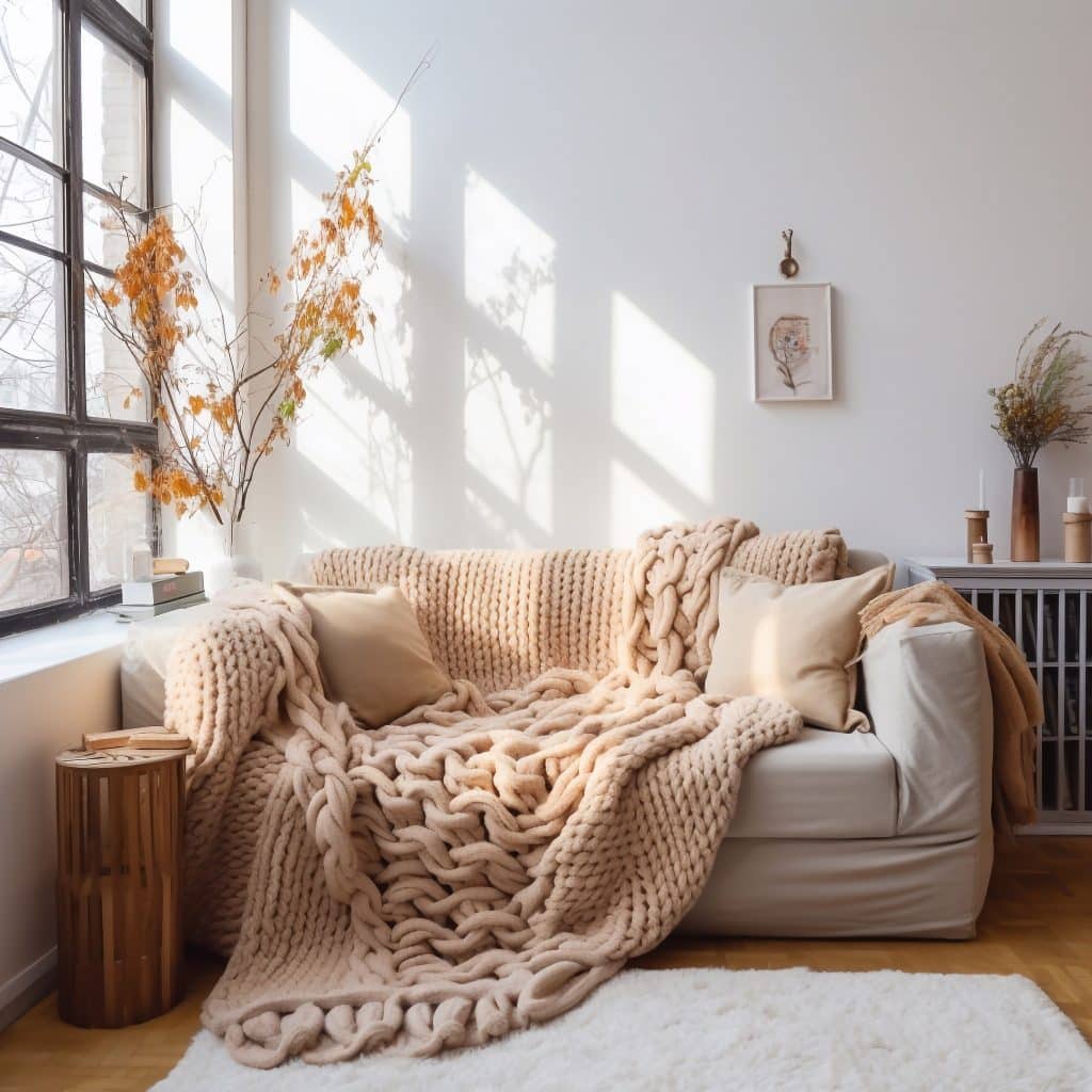 Intérieur confortable du salon avec coussins et plaide tricotée sur le canapé