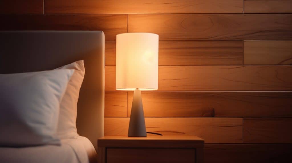 Plan d'une lampe de nuit à côté d'un lit, contre un mur en bois, propre, minimaliste, lumière chaude et lumineuse.