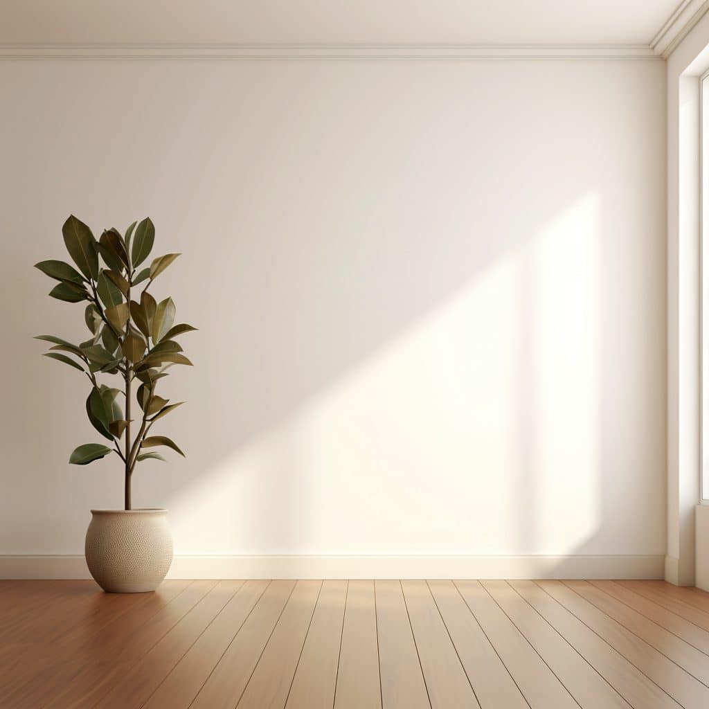 Une pièce blanche vide avec un plancher en bois et une plante en pot
